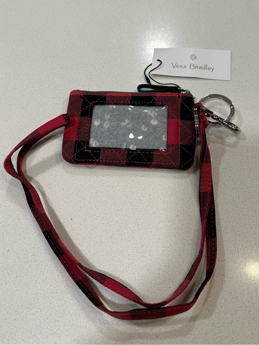 Vera Bradley Pink and Black Buffalo Plaid Lanyard and ID Holder